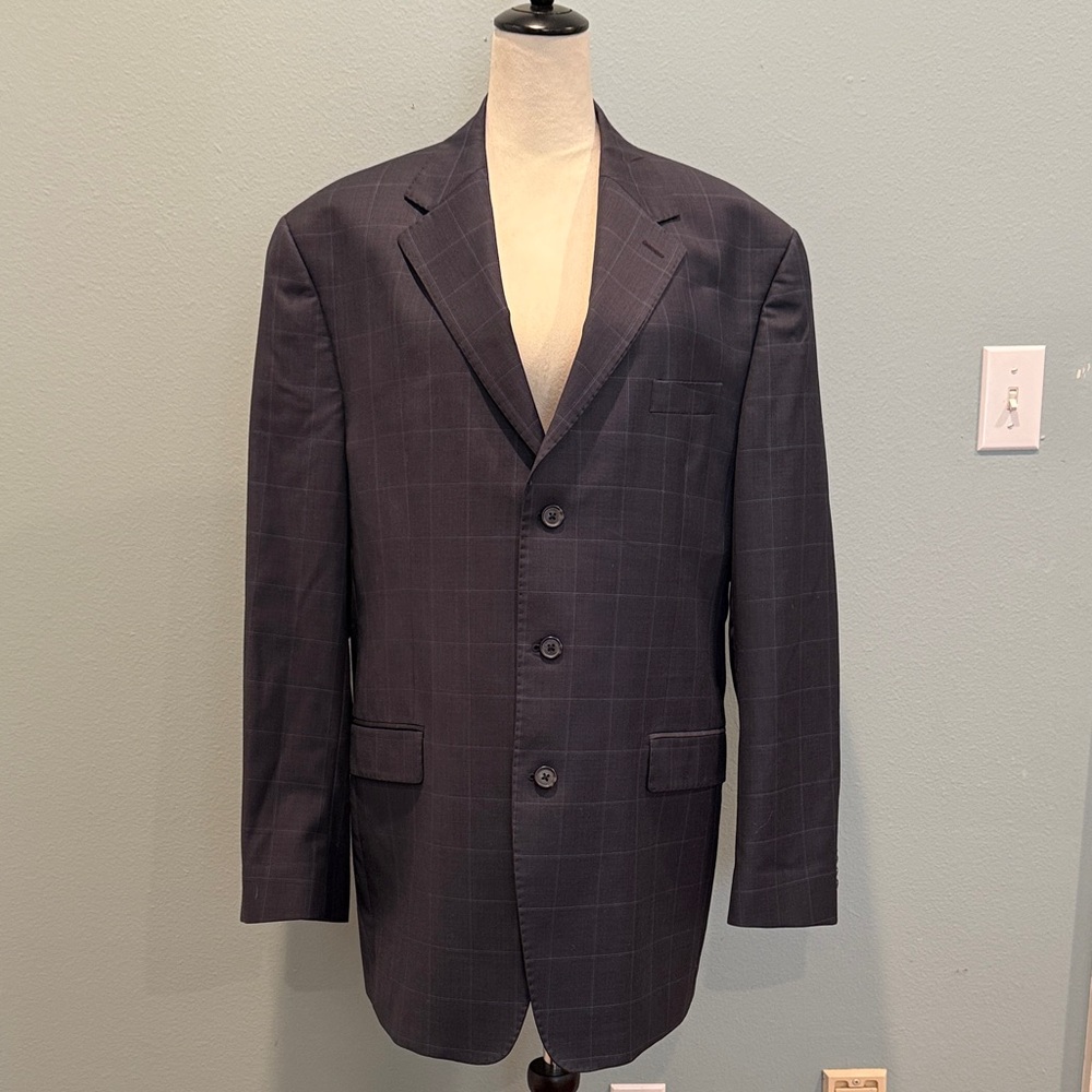 Sean John Fine Tailoring Wool Navy Windowpane Three Button Blazer 44L